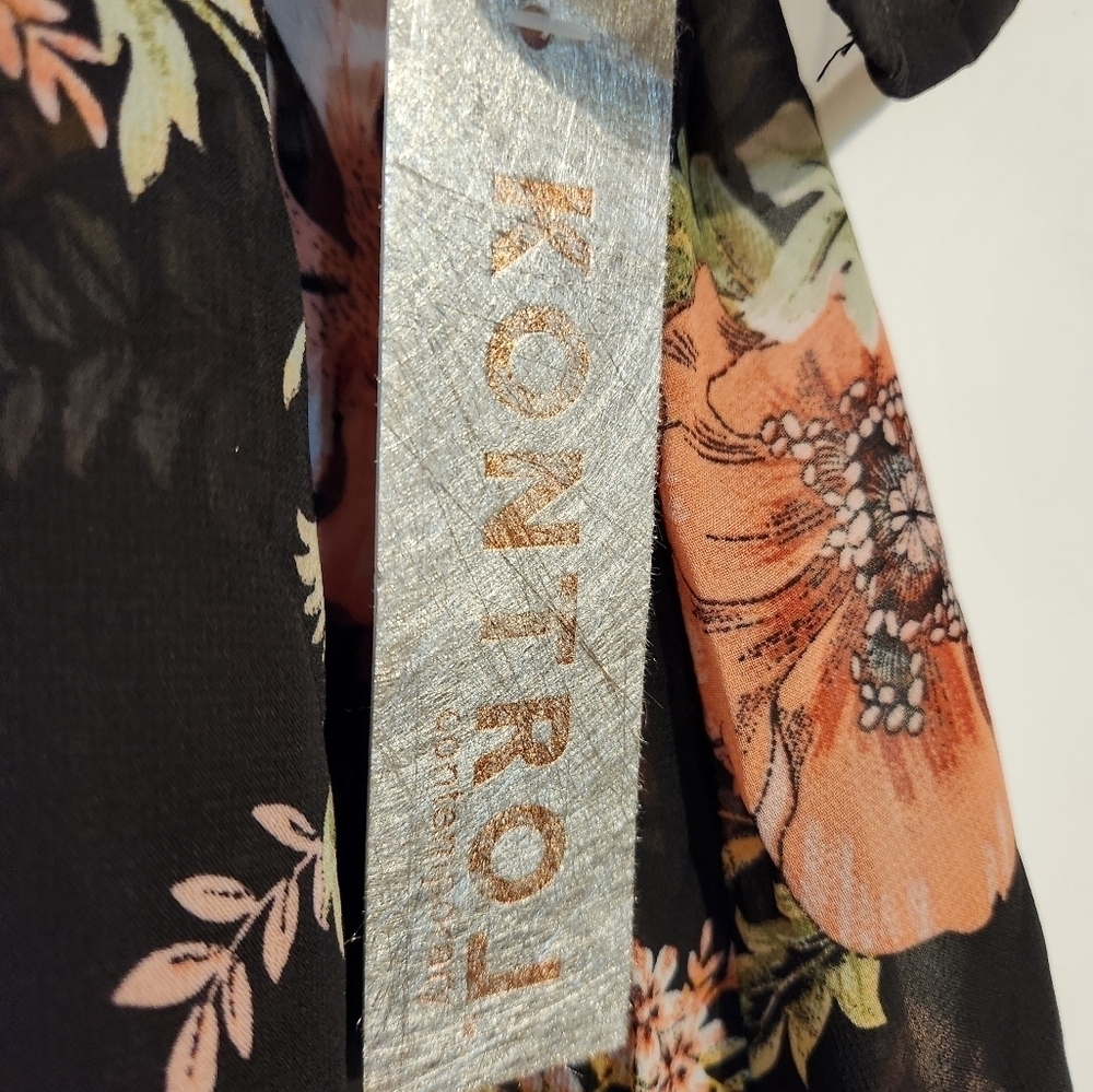 KontroL Contemporary Kimono Cover-up Black Peach Floral S Elastic Tie Waist Dark - Picture 7 of 7